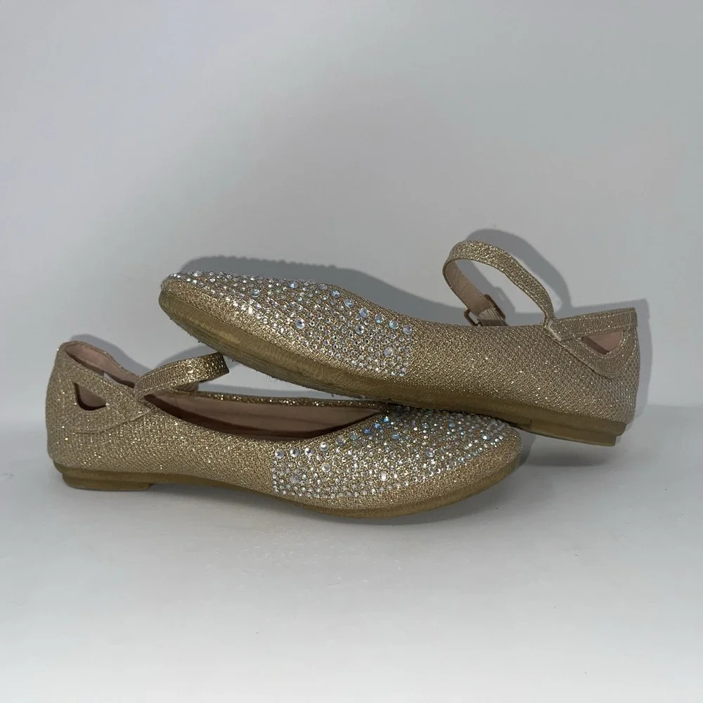 Girls Size 1 Gold Rhinestone‎ Encrusted Glittery Mary Jane Flat Dress Shoes